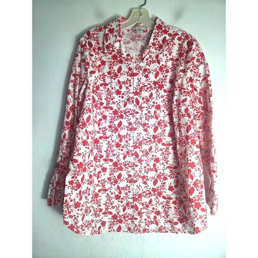Woman Within White w/Red Leaf Print 100% Cotton Button Down Blouse size 14/16
